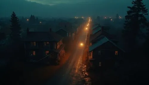 halloween random scene from horror movie,old town,a foggy night showing a street with some houses,crewdson,lillehammer,aurora village,sortavala,huneck,nikolsk