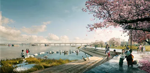 city, riverside,a park with trees, flowers, and water,heatherwick,waterfronts,renderings,europan,lauttasaari,foreshore,3d rendering,panorama of helsinki,waterfront,mvrdv
