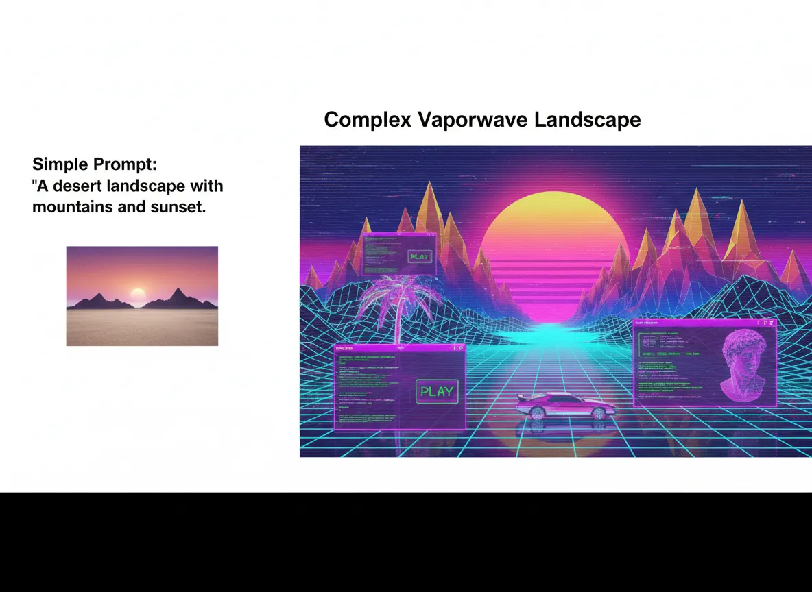Ein Seite-an-Seite-Vergleich, der einen einfachen Prompt und die daraus resultierende komplexe Vaporwave-Landschaft mit Retro-Computer-Interface-Elementen zeigt.