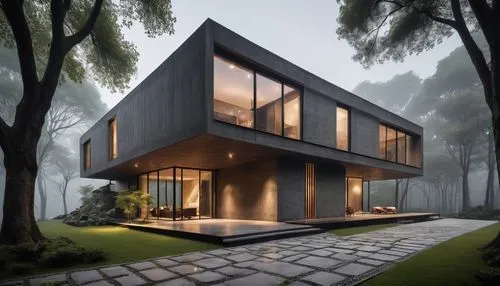 A residential house with a avant-garde design where steel and concrete are the predominant materials. The structure features organic yet firm shapes, evoking a sense of fluidity and solidity at the sa