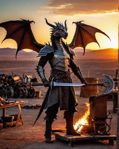 A humanoid dragon, a blacksmith professional. He displays his blacksmith's cleaver next to his forge, with the sun setting in the background, in a post-apocalyptic setting.
,dragonheart,burning man,dr