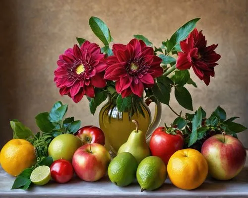 натюрморт  в цветовой гамме #9B5D34, #DBBFAA, #F3BF92, #D1D0CB, #A2988F,a painting of a vase full of pomegranates and fruit,filled dahlias,autumn still life,colorful vegetables,autumn fruits,rose appl