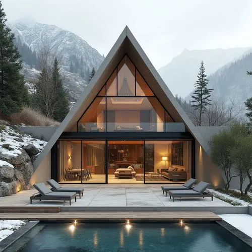 A hyper-realistic, high-resolution architectural photograph of a luxurious, alpine-style modern villa nestled in a mountainous landscape. The home features a prominent A-frame roof and is constructed 