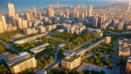 A hyperrealistic, cinematic rendering of a sprawling futuristic city at sunset.  Sleek, glass skyscrapers pierce the sky, interconnected by elevated maglev trains and drone delivery systems. Lush gree
