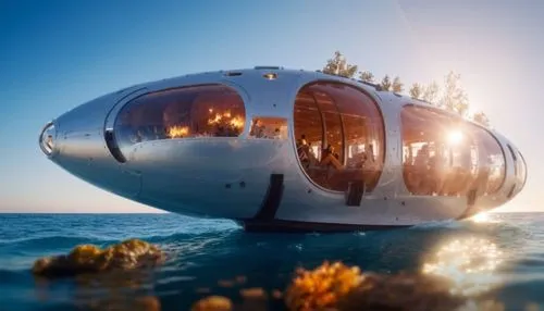 Design marine-inspired mobile pods  tech. ship inside,a futuristic floating vehicle sits in the water,airstream,cube stilt houses,floating huts,teardrop camper,submersibles,submersible,coastal motor s