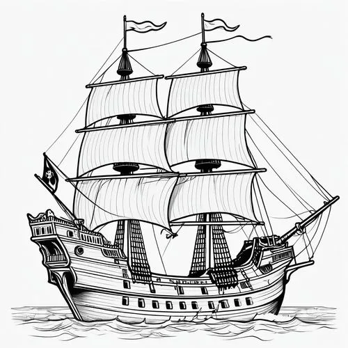 Black and white line art of a pirate ship, for coloring, realistic cartoon style, evoking adventure art,,a black and white drawing of a pirate ship,sail ship,nautical clip art,sea sailing ship,galleon