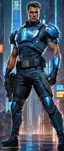 Male soldier, 1976 concept art, futuristic armor, metallic silver, neon blue accents, muscular build, rugged facial features, short spiky hair, determined gaze, scar above left eyebrow, leather gloves