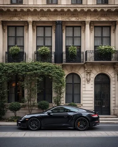 a black sports car parked next to a tall brown building,porsche 911 turbo,porsche 911 gt2,porsche gt3,porsche 911 gt3,porsche 911 gt2rs,virage,Photography,General,Realistic