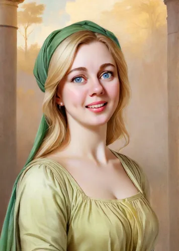 Blonde woman, painting in the style of Raphael Santi.,rapunzel,princess anna,emile vernon,portrait of a girl,portrait background,romantic portrait,fantasy portrait,young woman,blonde woman,jane austen