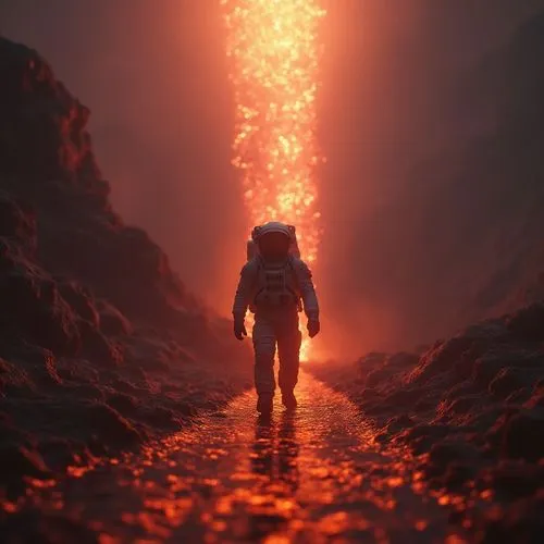 An astronaut put on a suit and climbs up a long ladder hanging from a planet ,a man standing in the middle of a mountain,lava,door to hell,descent,volcano,eruption,volcanic,volcanic eruption,lava ball