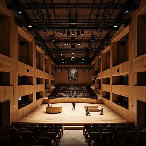 Bauhaus-style auditorium, minimalist interior design, rectangular shape, industrial materials, exposed ductwork, concrete floors, steel beams, wooden accents, geometric patterns, functional lighting, 