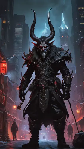 A cyberpunk depiction of Krampus, the horned demon who punishes naughty children on Christmas Eve. The image should be set in a dark, futuristic cityscape, with Krampus himself dressed in black leathe