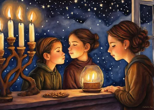 Describe a peaceful moment of reflection during the Hanukah candle lighting ceremony.,hannukah,chanukah,shabbat candles,hanukah,hanukkah,candlemas,candlelights,menorah,candle light,candlestick for thr
