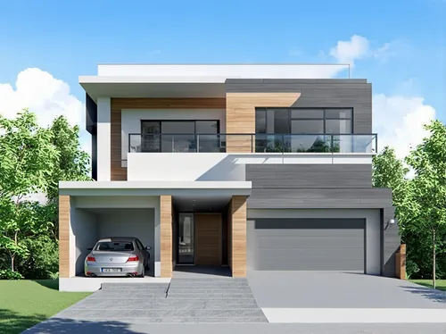 A high-quality rendering of a modern form of big, large, spacious two-story, L-shaped residential building. The house has a garage for two cars. The building is passive. ,two story house plans with a 