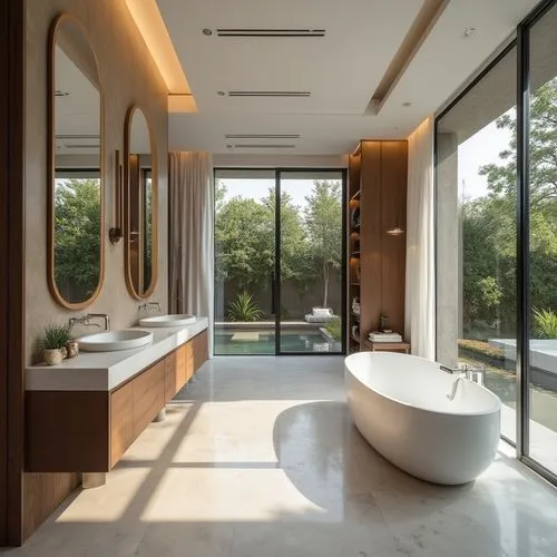 Design a villa with spa-like bathrooms, oversized bathtubs, and bespoke walk-in wardrobes,this luxurious bathroom has a long, oval white bathtub and mirrors,luxury bathroom,modern minimalist bathroom,