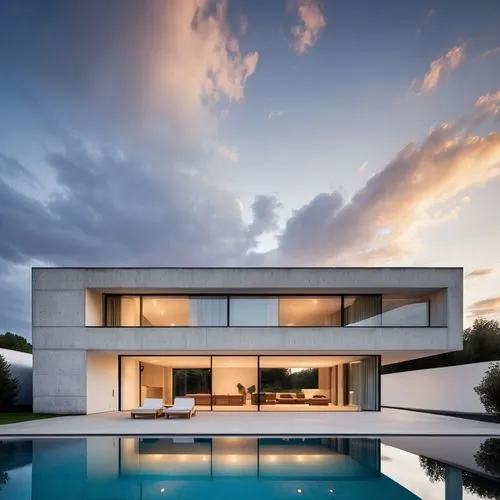 modern house, large glazing on ground floor, with a home inside, white plaster cloased volume on top, microcement base, swimming pool, vegetation on the sides, high quality, UHD 8k,modern house,modern
