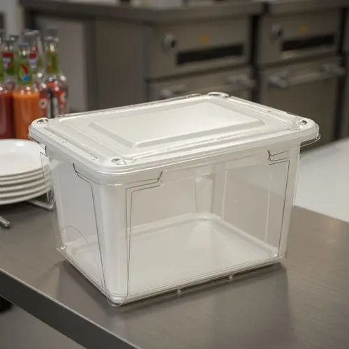 A standard foam container on a stainless steel counter in a bustling restaurant kitchen. The container is sealed, with steam escaping from its edges, indicating a freshly packed hot meal. Nearby are a