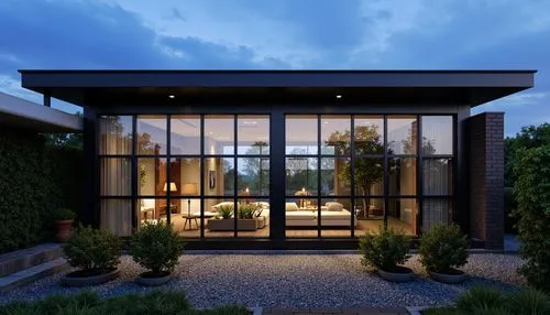 A modern house with a minimalist design, featuring a large glass door that allows natural light to filter through, creating a bright and airy atmosphere. the house has a black exterior with a sloping 