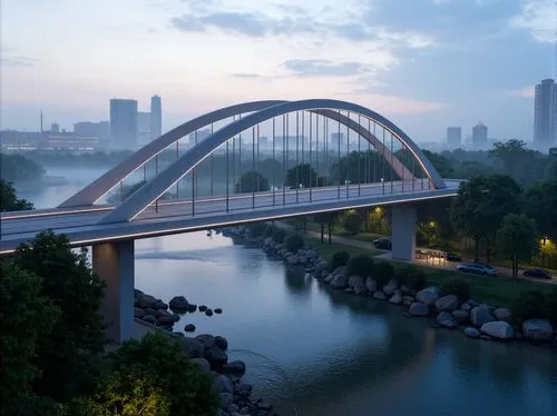 Futuristic bridge design, sleek metal arches, LED lighting strips, misty morning atmosphere, lush green forest surroundings, serene river flow, natural stone embankments, modern urban skyline, high-ri