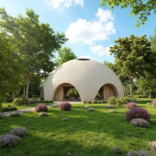 1. Forma general del domo:

Estructura semi ovalada con textura entrelazada en patrón de trenzado, hecha de concreto tipo concreto impreso en 3D. 100 mts2. máx. 10 metros de altura

El entorno es un p