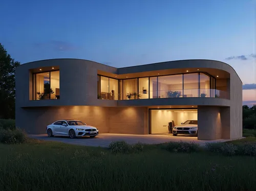 Photorealistic architectural visualization of a luxurious, contemporary off-grid 4-STOREY villa during the cinematic golden Hour. L-shaped residential building. The residence features sweeping, curved