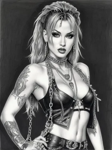 KLEIO VALENTIEN, in 1990s Heavy Metal clothes, chains, rivets,madonna,harley,poison,callisto,harley quinn,barb wire,fantasy art,tattoo girl,bad girl,femme fatale,kali,female warrior,vada,charcoal,chai