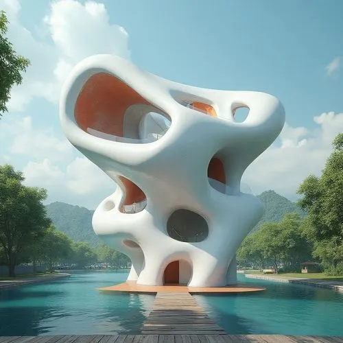A detailed 3D render, an ethereal masterpiece of architectural marvel: An intricate white house with a red and white roof rises above a wooden platform. The blue sky, flanked by fluffy clouds, complem