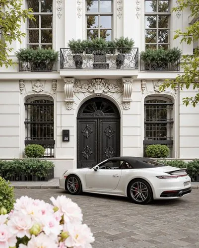 Ornate facade with wrought iron details, soft limestone textures, manicured floral arrangements, black wooden accents, intricate craftsmanship, elegant yet timeless.

,a car parked in front of an orna