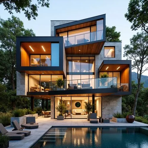 Eclectic postmodern villa, fragmented forms, irregular shapes, bold color blocking, playful juxtapositions, mixed materials, rough stone walls, smooth glass surfaces, wooden accents, metal frames, orn