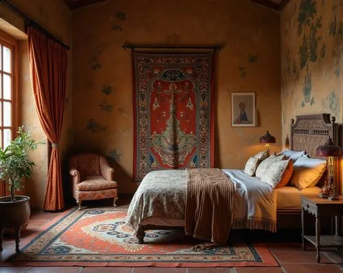  interior design,a bedroom with an oriental themed bed and rug,ornate room,moroccan pattern,victorian room,bohemian art,danish room,bedroom,Photography,Documentary Photography,Documentary Photography 