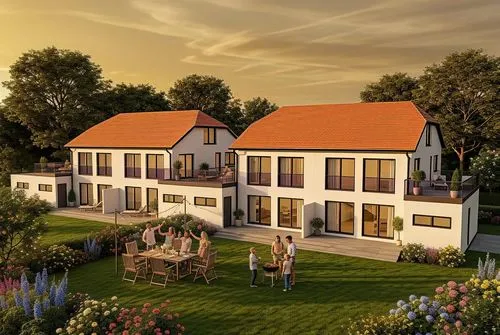 erzeuge eine fotorealistische Darstellung des Gebäudes, aber verändere die Architektur nicht, auf den Garagen befindet sich eine Dachterrasse , feiernde Menschen im Garten, warmes Licht, große Bäume i