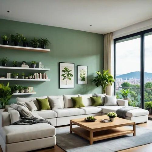 modern and stylish interior of a living room with large panoramic windows, through which you can see the green garden and the cityscape in the background. The living room should have: Two long white s
