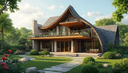 A beautiful one-story modern tropical house with a steep pointed roof, elegant wooden balcony, large glass windows, spacious veranda, natural stone walls, surrounded by lush green garden and colorful 