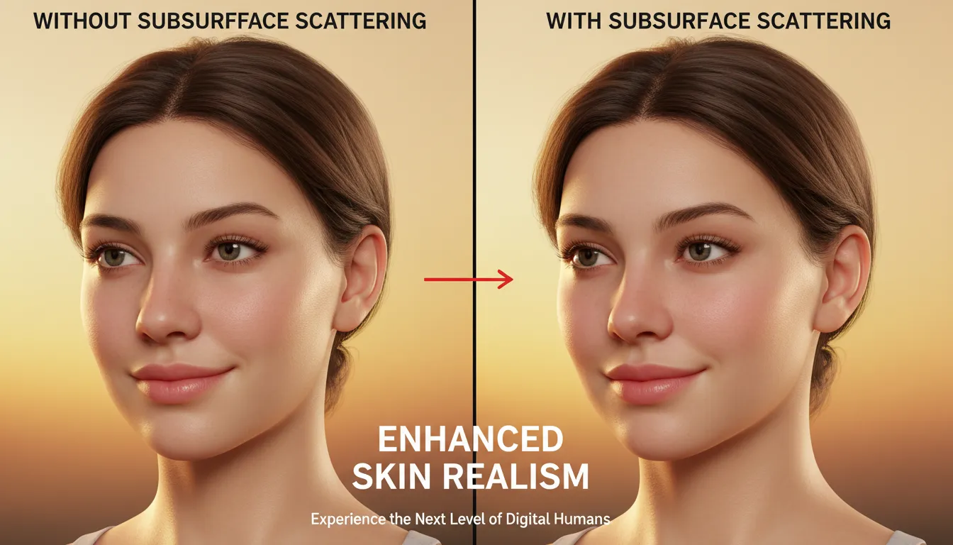 एक फोटो-यथार्थवादी AI-जनित पोस्टर जो सबसरफेस स्कैटरिंग प्रभाव के साथ और उसके बिना एक मानव चित्र की तुलना दिखाता है, जिससे त्वचा की बढ़ी हुई यथार्थता उजागर होती है।