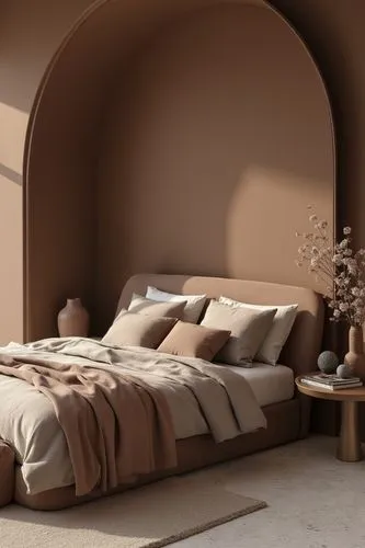 the large bed is near a lamp and table,daybed,daybeds,inglenook,headboard,coverlet,headboards,soft furniture,bedding,brown fabric,bedspreads,natuzzi,bed linen,taupe,bedroomed,bedspread,furnishing,bedc