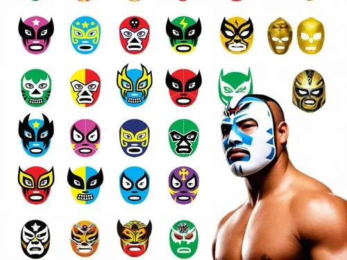 complete the next faces but with famous japanese luchador or lucha libre wrestlers.,a man wearing a wrestling mask next to colored wrestler mask,luchadors,luchadores,luchador,enmascarado,rudos,mascari