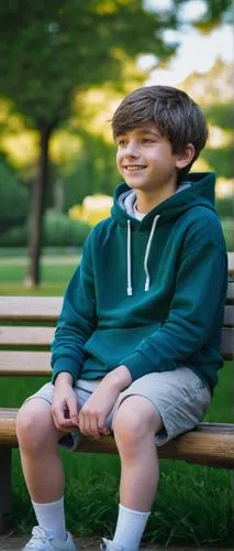 Little gray guy, Shota, 10yo, short hair, blue eyes, small nose, smiling face, casual wear, light gray hoodie, dark gray shorts, white socks, sneakers, sitting on a stone bench, park, green grass, tal