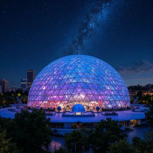 Geodesic dome structure, futuristic planetarium, starry night sky, vibrant LED lights, iridescent colors, glowing accents, sleek metal frames, curved glass surfaces, minimalist patterns, modernist arc