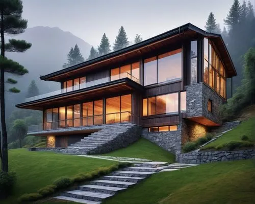 Modern villa, sloping roof, large glass windows, wooden exterior walls, stone foundation, greenery surroundings, mountainous background, foggy atmosphere, misty morning, soft warm lighting, cinematic 