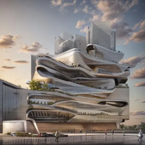 a large building with many people outside,futuristic art museum,futuristic architecture,modern architecture,sky space concept,cantilevered,cube stilt houses,sky apartment,the energy tower,penthouses,m