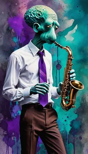 Squidward Tentacles, abstract background, psychedelic colors, swirling shapes, tentacle-inspired hair, turquoise skin, white shirt with a purple tie, brown pants, holding a clarinet, moody expression,