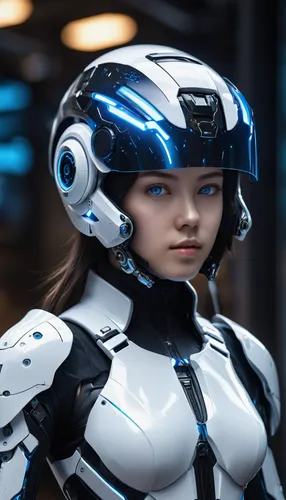 an ultra detailed, hiper realism, digital art, of a girl with blue glowing eyes in an elegant white and black cyborg armor with mechanic parts and futuristic helmet with big holographic visor, sci-fi 