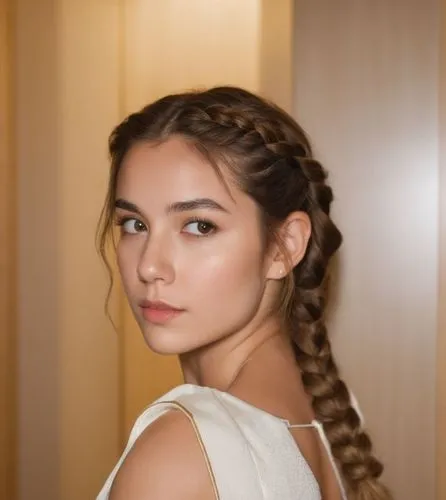 A portrait of a beautiful caucasian young woman with long brown hair and a braid, 21 years old, dressed in a white minidress with neckline, standing on her back with her head tilted backward, gazing o