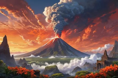 Fantasy volcanic landscape, majestic towering volcano, snow-capped peak, lush green vegetation, exotic tropical flowers, ancient ruins in the foreground, mysterious mist swirling around the base, dram