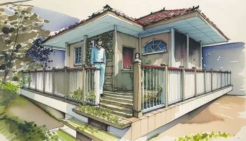 an illustrated illustration of a man standing on the balcony,violet evergarden,tsumugi kotobuki k-on,dreamhouse,watercolor paris balcony,machico