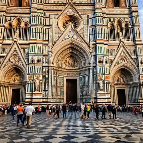 Duomo, Florence, Italy, Gothic architecture, terracotta tiles, white marble facade, intricate stone carvings, grandiose entrance, ornate stained glass windows, majestic dome, Renaissance style, surrou