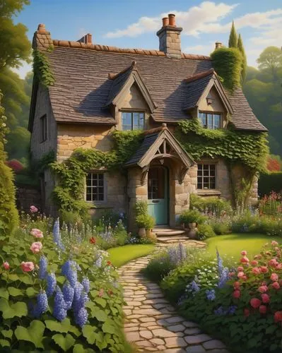 Quaint English cottage, rustic stone walls, ivy-covered exterior, steeply pitched roof, chimneys puffing out gentle smoke, lush greenery surrounding the house, vibrant flowers blooming in the garden, 