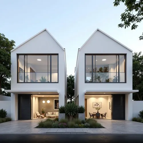 Generar un render realista de dos viviendas pareadas en estilo minimalista, con una fachada blanca lisa y detalles sutiles en hormigón y madera natural. La volumetría de las viviendas debe ser geométr