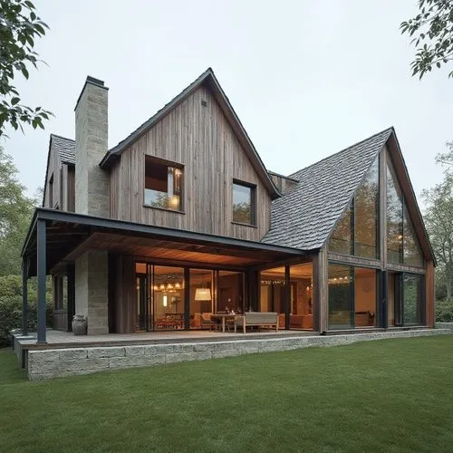  ,a house with a deck outside on some grass,timber house,forest house,modern house,new england style house,wooden house,bohlin
