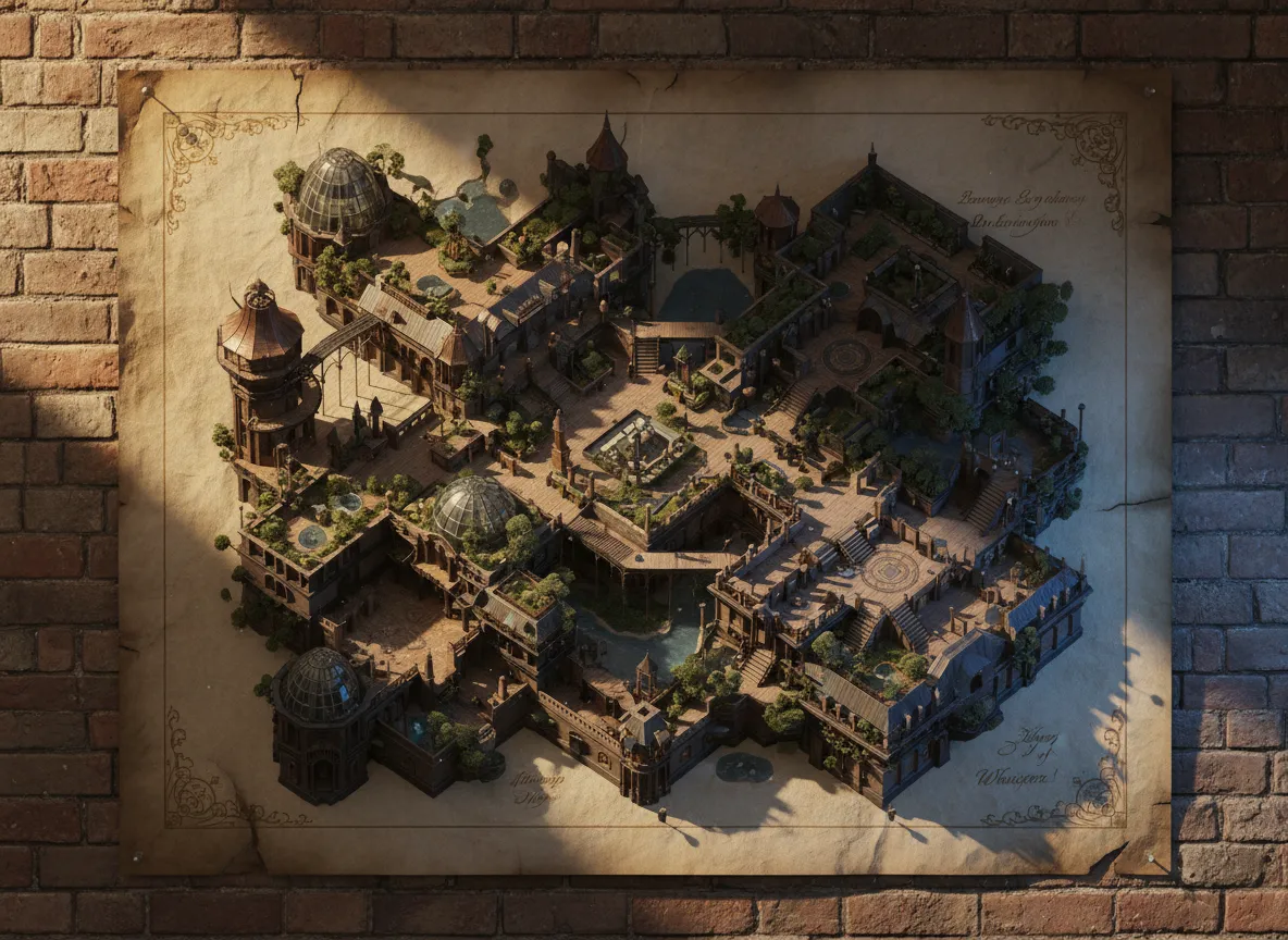 Eine Nahaufnahme eines Posters, das einen komplexen architektonischen Grundriss zeigt, der mit künstlerischer Beleuchtung und Texturen gerendert wurde.